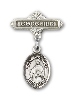 Pin Badge with St. Placidus Charm and Godchild Badge Pin - Silver tone