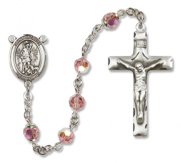 St. Lazarus Sterling Silver Heirloom Rosary Squared Crucifix - Light Rose