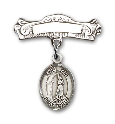 Pin Badge with St. Zoe of Rome Charm and Arched Polished Engravable Badge Pin - Silver tone