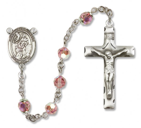 St. Peter Nolasco Rosary Our Lady of Mercy Sterling Silver Heirloom Rosary Squared Crucifix - Light Rose