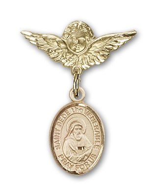 Pin Badge with St. Bede the Venerable Charm and Angel with Smaller Wings Badge Pin - Gold Tone