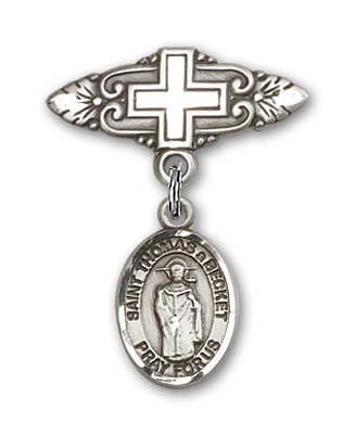 Pin Badge with St. Thomas A Becket Charm and Badge Pin with Cross - Silver tone
