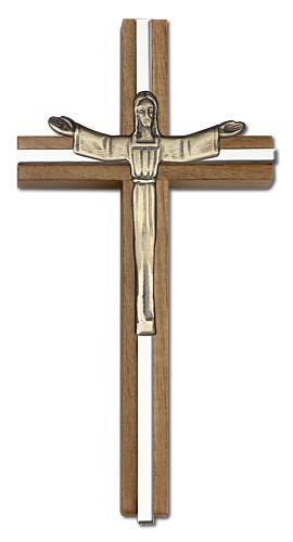 Contemporary Risen Christ Wall Cross in Walnut and Metal Inlay 6&quot; - Two-Tone Silver