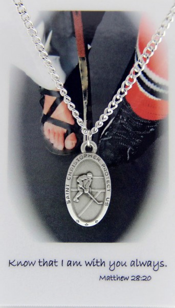 Boys St. Christopher Ice Hockey Medal with Prayer Card - Silver tone