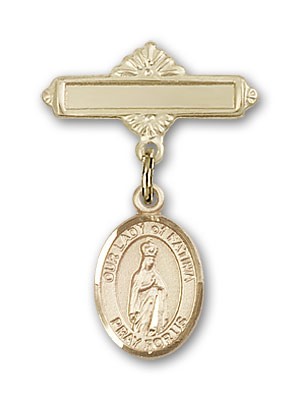 Pin Badge with Our Lady of Fatima Charm and Polished Engravable Badge Pin - 14K Solid Gold