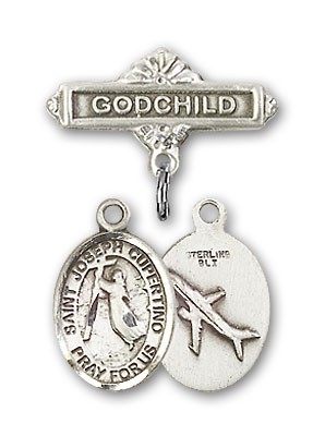 Pin Badge with St. Joseph of Cupertino Charm and Godchild Badge Pin - Silver tone