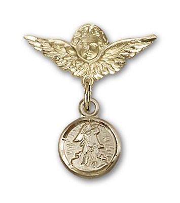 Baby Pin with Guardian Angel Charm and Angel with Smaller Wings Badge Pin - 14K Solid Gold