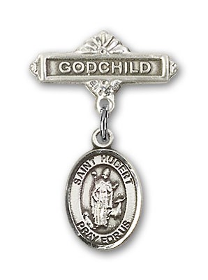 Pin Badge with St. Hubert of Liege Charm and Godchild Badge Pin - Silver tone