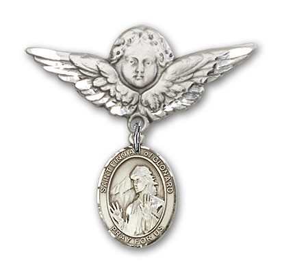 Pin Badge with St. Finnian of Clonard Charm and Angel with Larger Wings Badge Pin - Silver tone