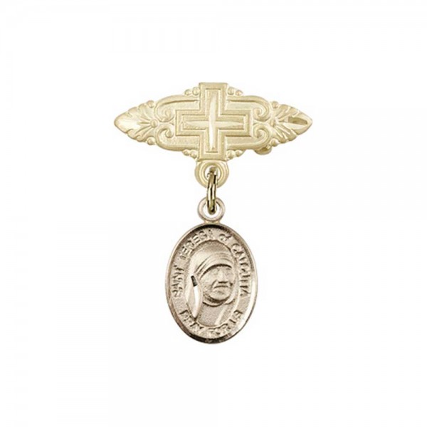 Pin Badge with St. Teresa of Calcutta Charm and Badge Pin with Cross - 14K Solid Gold