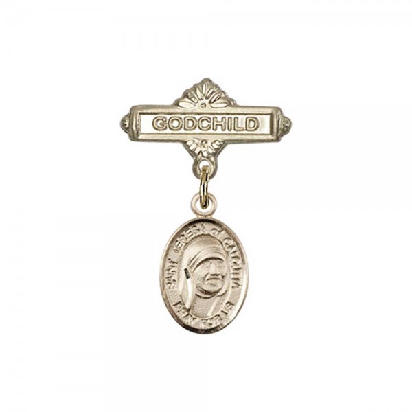 Pin Badge with St. Teresa of Calcutta Charm and Godchild Badge Pin - Gold Tone