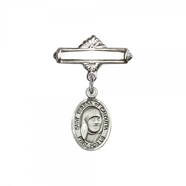 Pin Badge with St. Teresa of Calcutta Charm and Polished Engravable Badge Pin - Silver tone