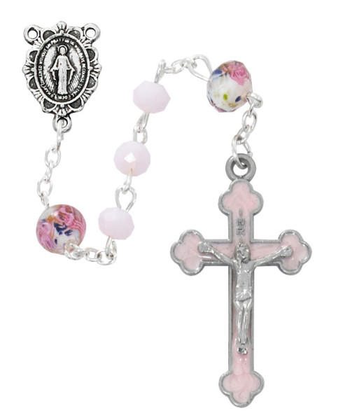 Pink Floral Venetian Glass Bead Rosary - Pink | White | Silver