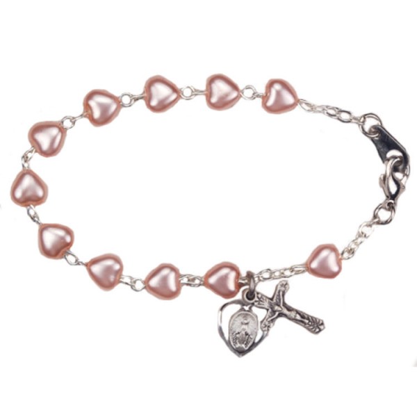 Pink Heart Shaped First Communion Rosary Bracelet with Miraculous &amp; Crucifix - Sterling Silver