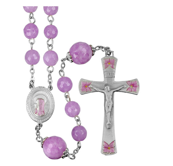 Pink Jade Gemstone Bead Rosary with Pewter Crucifix and Centerpiece - Pink