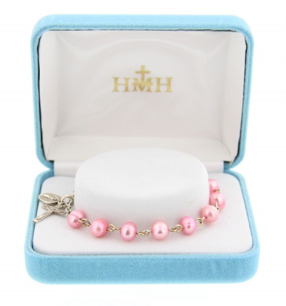 Pink Pearl Sterling Silver Rosary Bracelet - Pink | Silver
