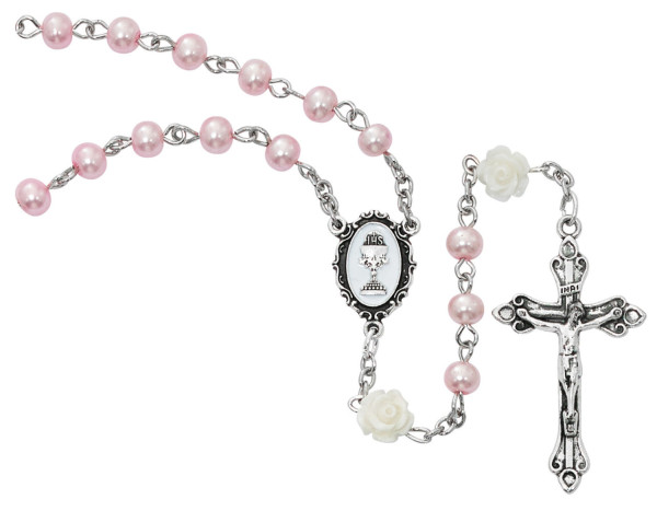 Pink and White Girls First Communion Rosary - Pink
