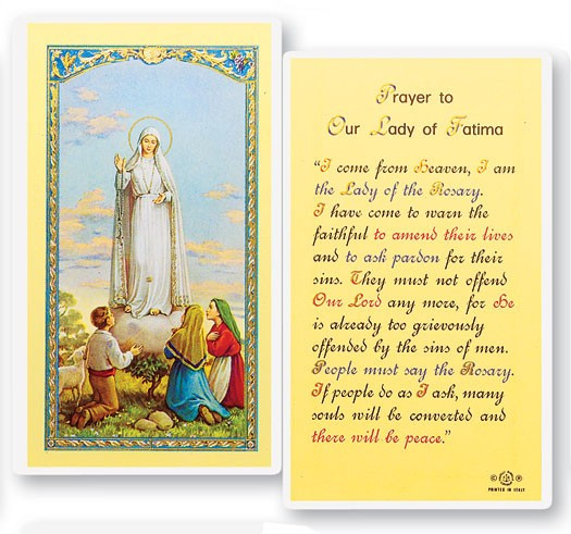 Prayer To Our Lady of Fatima Laminated Prayer Card - 1 Prayer Card .99 each