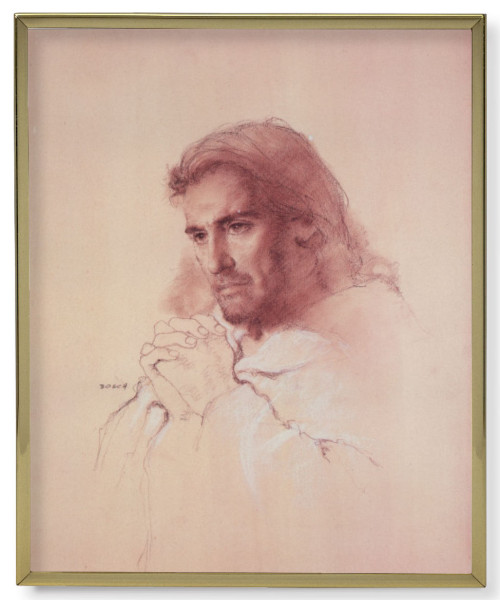 Prayerful Christ Gold Frame 13.5x16.5 Plaque - Full Color