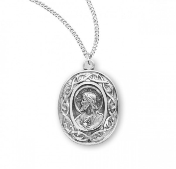 Profile Scapular Medal with Crown of Thorns Border Necklace - Sterling Silver