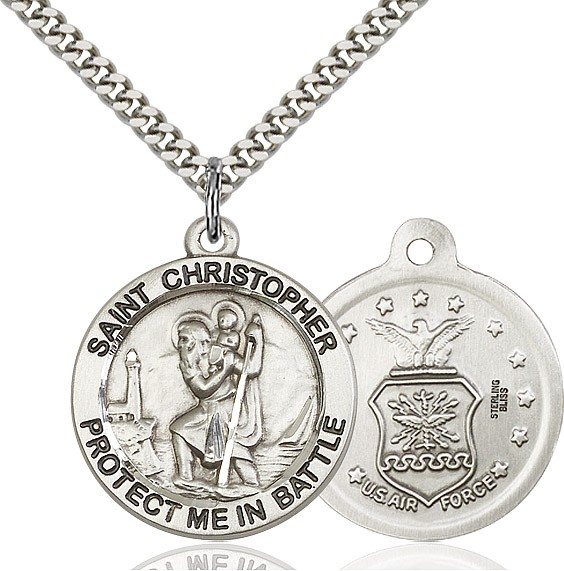 Protect Me In Battle Round St. Christopher Air Force Necklace - Sterling Silver