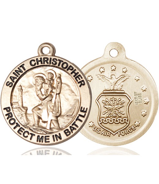 Protect Me In Battle Round St. Christopher Air Force Necklace - 14K Solid Gold