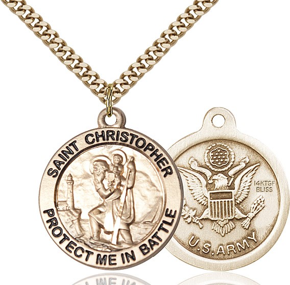 Protect Me In Battle Round St. Christopher Army Necklace - 14KT Gold Filled