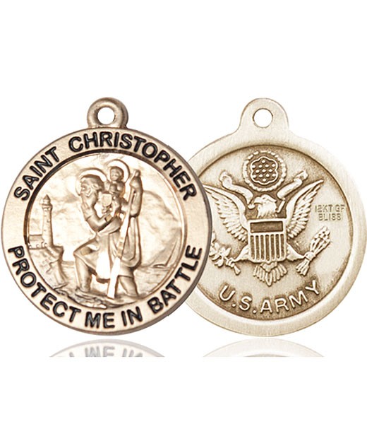 Protect Me In Battle Round St. Christopher Army Necklace - 14K Solid Gold