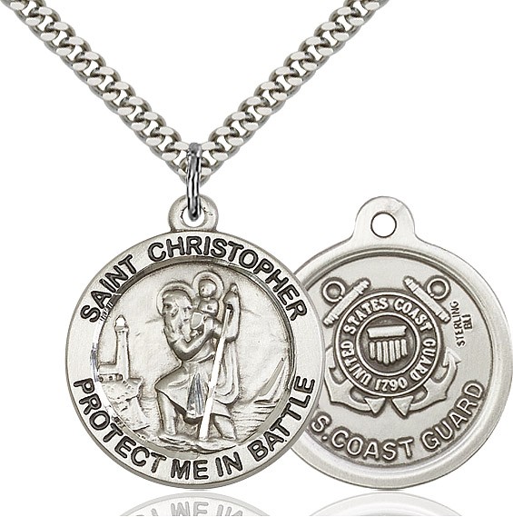 Protect Me In Battle Round St. Christopher Coast Guard Necklace - Sterling Silver