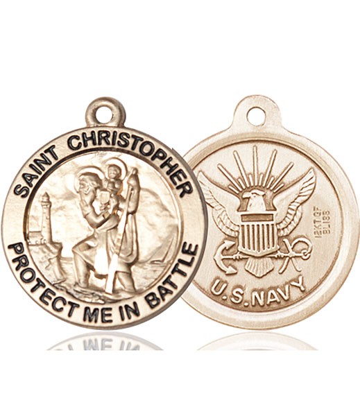 Protect Me In Battle Round St. Christopher Navy Necklace - 14K Solid Gold