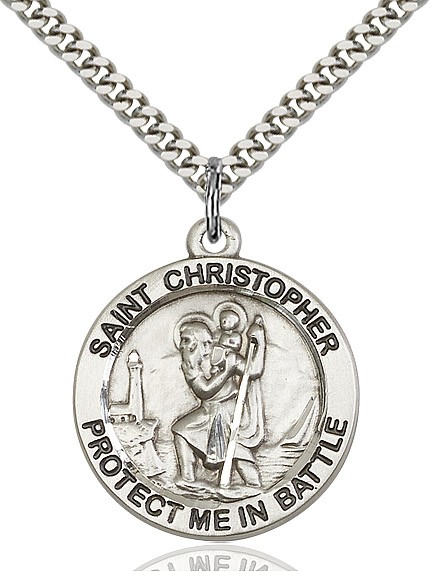 Protect Me In Battle Round St. Christopher Necklace - Sterling Silver