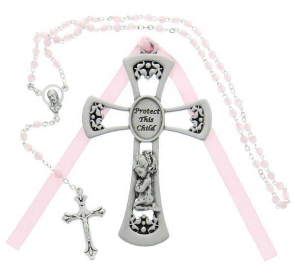 Protect This Child Cross with Baby Rosary Set - Girl - Silver