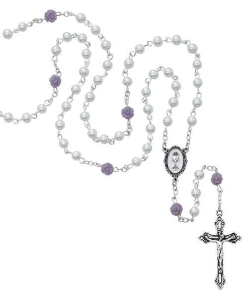 Purple and White Girls First Communion Rosary - Pink
