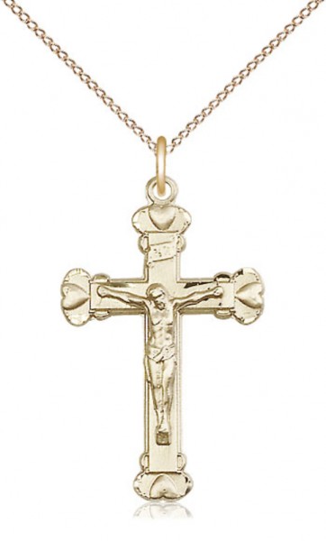 Raised Hearts Crucifix Necklace - Gold Filled