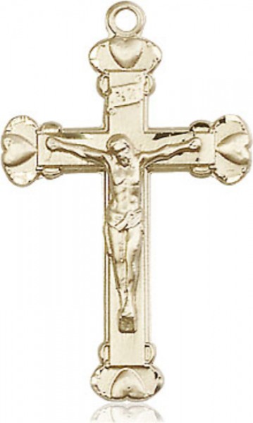 Raised Hearts Crucifix Necklace - 14K Solid Gold