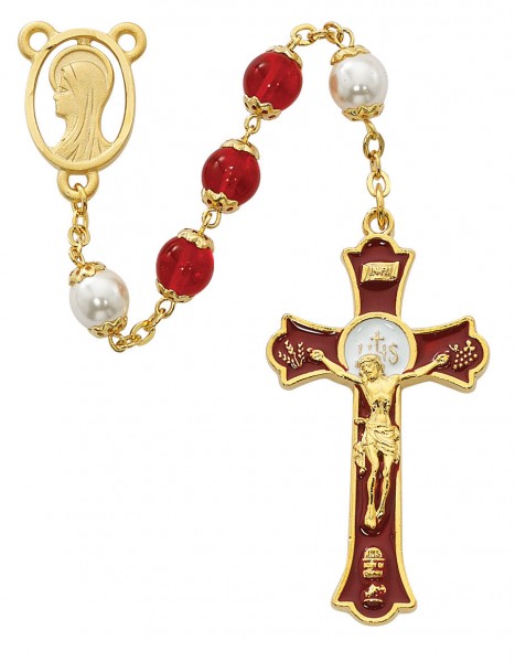 Red Enamel and Glass First Communion Rosary - Red