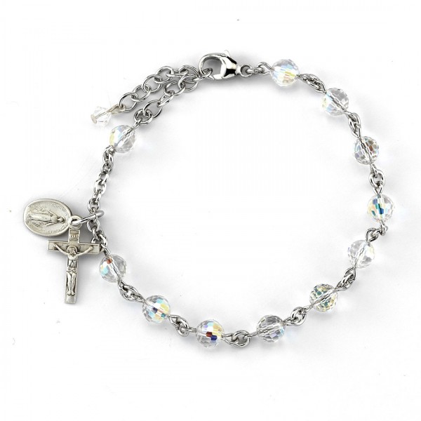 Rosary Bracelet - Sterling Silver with 6mm Fireball Crystal Swarovski Beads - Crystal