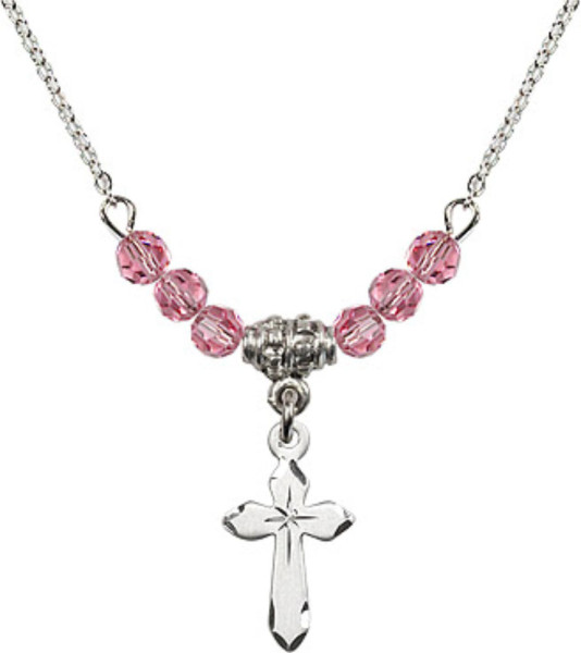 Rose Beads and Cross Necklace - Silver-tone