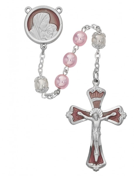 Rose Enamel and Pink and White Bead Rosary - Pink