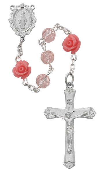 Roses and Pink Glass Rosary - Pink