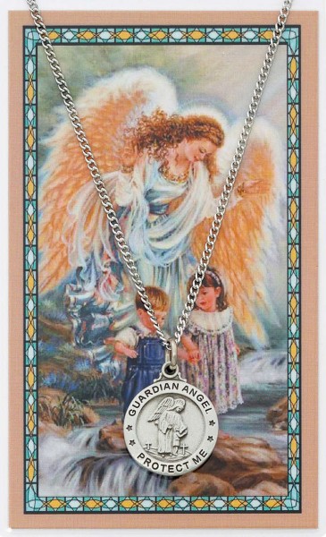 Round Guardian Angel Pewter Medal with Prayer Card - Silver tone