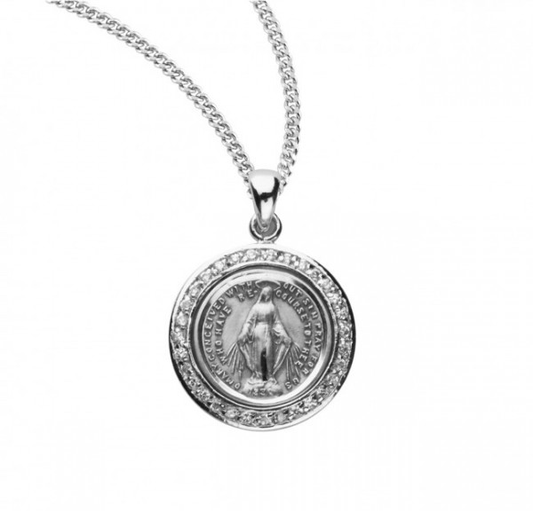 Round Miraculous Medal with Clear Crystals - Sterling Silver