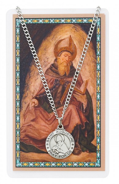 Round St. Augustine Pewter Medal with Prayer Card - Silver tone