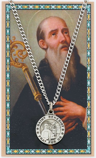 Round St. Benedict Medal with Prayer Card - Silver tone