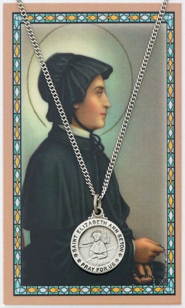 Round St. Elizabeth Ann Seton Medal with Prayer Card - Silver tone