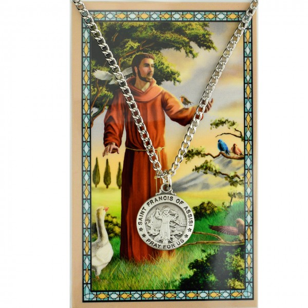 Round St. Francis of Assisi Medal with Prayer Card - Silver tone