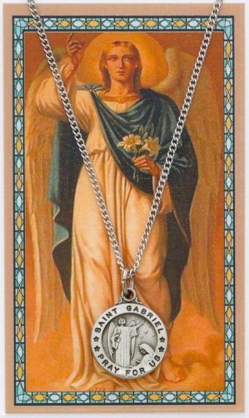 Round St. Gabriel The Archangel Medal with Prayer Card - Silver tone