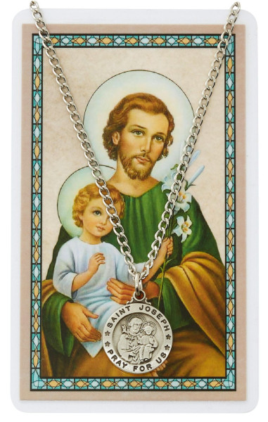 Round St. Joseph Medal with Prayer Card - Silver tone