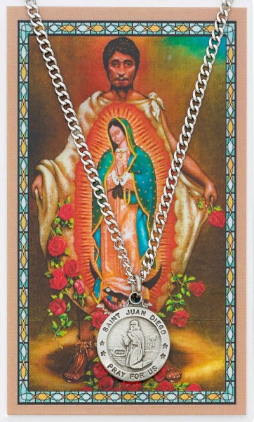 Round St. Juan Diego Pewter Medal with Prayer Card - Silver tone