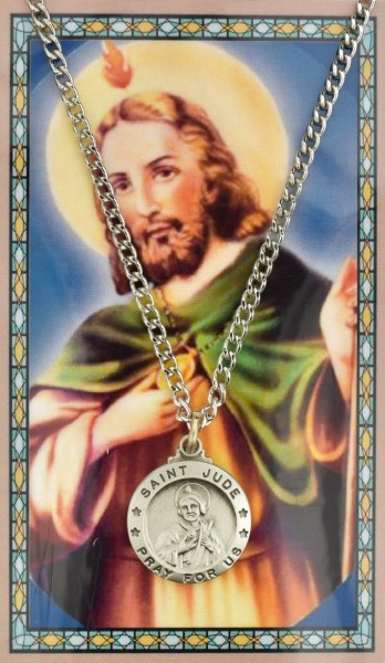 Round St. Jude Medal with Prayer Card - Silver tone